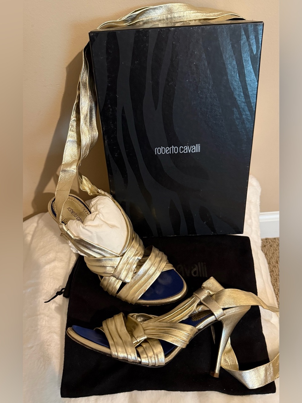 Roberto Cavalli Gold Metallic ankle wrap strap High-Heel Sandals 37 heels